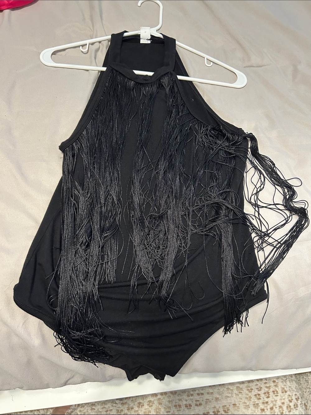 Black leotard fringe outfit